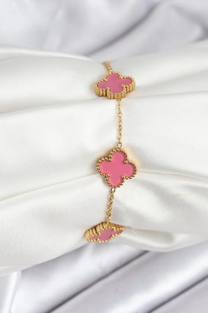 316L Çelik Gold Zincir Pembe Yonca Renk Bileklik