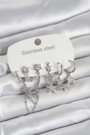 316L Çelik Gold Renk 6'lı Set Zincirli Yıldız Modelli Kadın Küpe