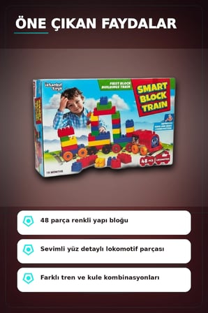 48 Parça Yapı Bloklu Tren - Çocuklar İçin Eğitici İnşa Seti, 54 mm Parça Boyu BX-313368