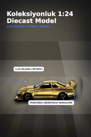 Diecast Metal 1/24 R34 GTR Model Araba - 14 Yaş ve Üzeri Koleksiyon İçin Tekli Paket BX-313407