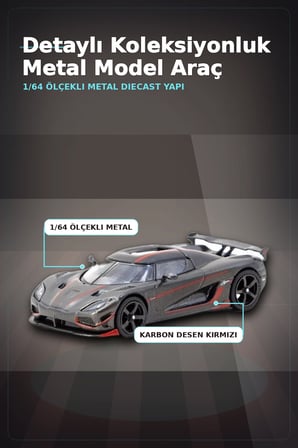 1/64 Siyah Karbon Fiber Kırmızı Detaylı Koenigsegg Agera RS Diecast Model Araba BX-313337