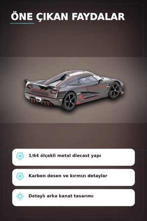 1/64 Siyah Karbon Fiber Kırmızı Detaylı Koenigsegg Agera RS Diecast Model Araba BX-313337
