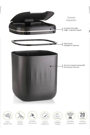 Otomatik Hareket Sensörlü Akıllı Çöp Kovası – 20 Litre Sessiz ve Hijyenik Kullanım