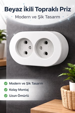 Topraklı Sıva Üstü İkili Set Priz Modern Kırık Beyaz Kolay Kurulum