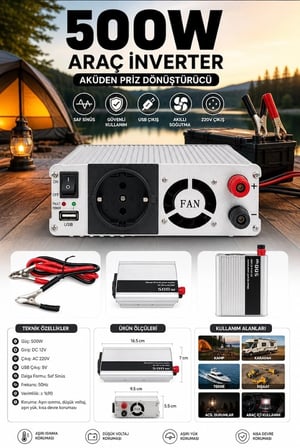 500W 12V DC 220V AC İnverter USB Çıkışlı Fanlı Akü Güç Dönüştürücü Araç Kullanımı