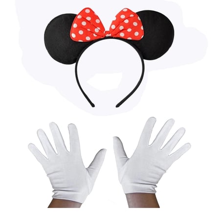 Kırmızı Fiyonklu Minnie Mouse Tacı Ve Beyaz Eldiven Seti Bx40