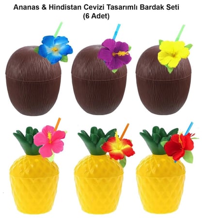 Ananas &amp;amp;amp; Hindistan Cevizi Tasarımlı Pipetli Bardak Seti (6 Adet) Bx40