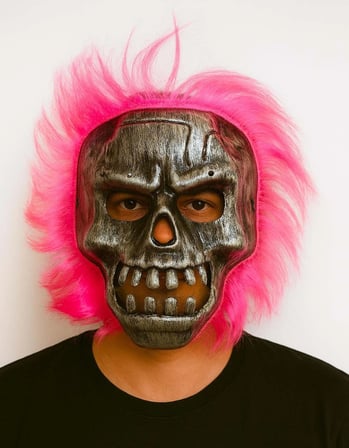 Wild Skull - Gümüş Kafatası Pembe Saçlı İskelet Maske Bx40