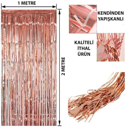 Rose Gold Püsküllü Kapı Perdesi - Parti, Bekarlığa Veda, Doğum Günü 1x2 M Bx40