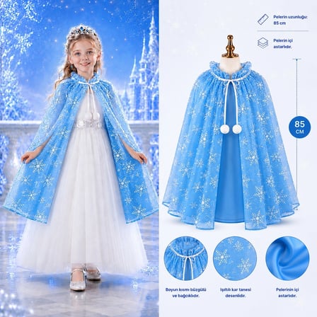Kar Tanesi Desenli Mavi Elsa Pelerini - Astarlı Frozen Pelerini 85 Cm Bx40