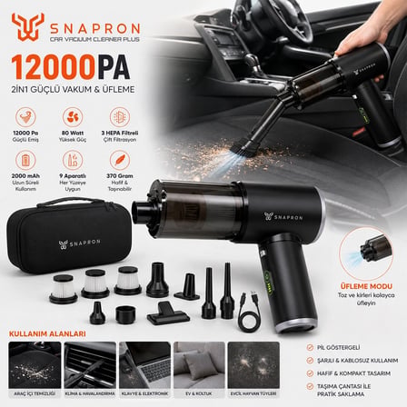 Oto Araç - 2ın1 Şarjlı 80w - 12000pa 9 Başlık - 3 Filtre El Tipi Basınçlı Hava Üfleme - Araç Süpürge