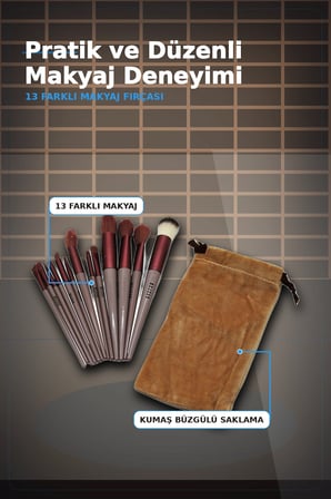 13 Parça Eflatun Kadife Torbalı Makyaj Fırça Seti Bx40 Seyahat Çantası Hediyelik BX-313446