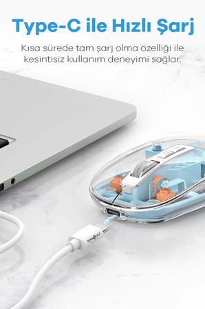 Bluetooth USB Çift Modlu Sessiz Mouse, Şeffaf Mıknatıslı Kapaklı, Type-C Şarjlı, DPI Ayarlı, Kablosu