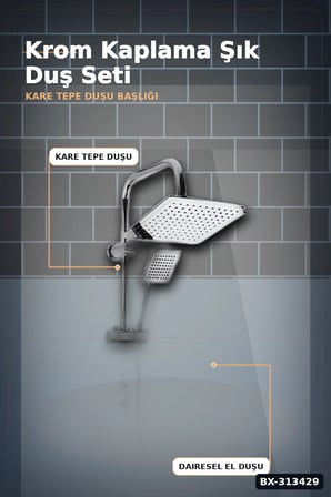 Krom Kaplama 25 mm Duş Sistemi Seti - Ayarlanabilir Tepe ve El Duşu, Sabunluk Hediyeli BX-313429