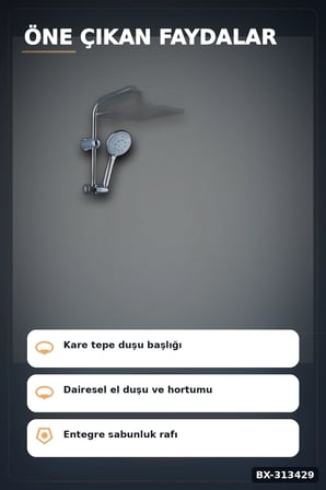 Krom Kaplama 25 mm Duş Sistemi Seti - Ayarlanabilir Tepe ve El Duşu, Sabunluk Hediyeli BX-313429