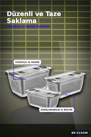 Bölmeli Süzgeçli 3 Parça Buzdolabı Organizer Seti 2.5-5-9 Litre Kilitli Kapak BX-313436