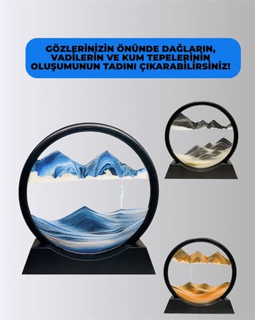 Rahatlatıcı Kum Sanatı – Yuvarlak Cam Çerçeveli Hareketli Kum Resmi, Ofis ve Ev İçin Etkileşimli Mas