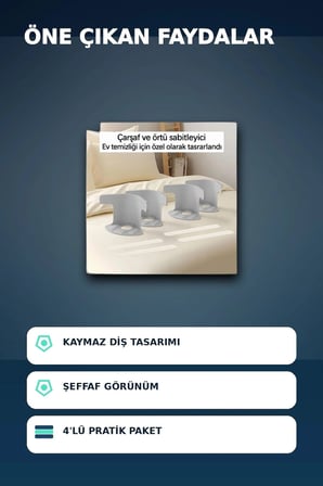 4'lü Şeffaf Çarşaf ve Yorgan Sabitleyici – Kaymaz Dişli Tasarım, Ev Temizliği İçin Pratik Çözüm