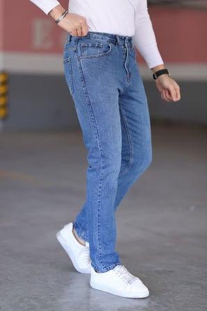 ERKEK regular fit kalıp mavi kot normal bel likralı kalın kumaş