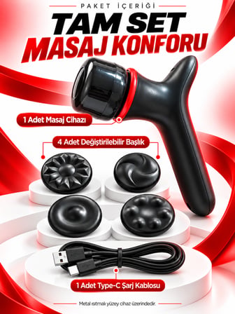 Isıtmalı Şarjlı El Masaj Aleti 5 Kademeli 4 Değiştirilebilir Başlık 1200 mAh Type-C
