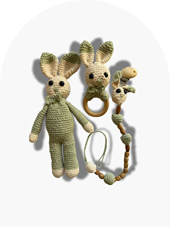 Amigurumi Tavşan Uyku Arkadaşı, Çıngıraklı Diş Kaşıyıcı ve Emzik Zinciri, Yenidoğan Set, Hoşgeldin Bebek