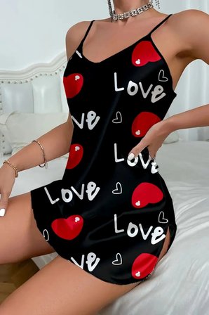 Amora Secret Love Desenli Siyah Saten Gecelik