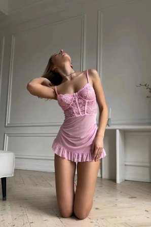 Amora Secret Pembe Balenli Tül Dantelli Gecelik Tm1406