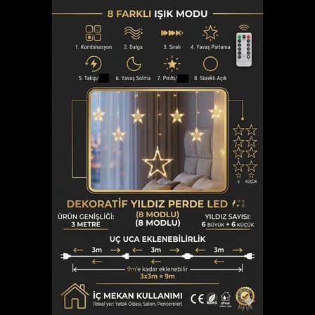 Dekoratif Yıldız Sarkıtlı Perde LED Aydınlatma 3m Genişlik, 8 Modlu, Günışığı Renk,Ev Süsleme Işığı