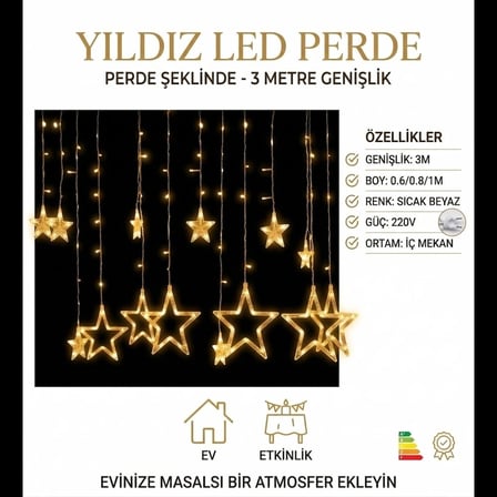 Dekoratif Yıldız Sarkıtlı Perde LED Aydınlatma 3m Genişlik, 8 Modlu, Günışığı Renk,Ev Süsleme Işığı