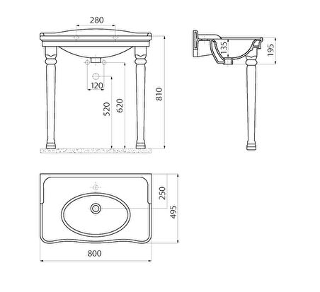 Creavit Antik Etajerli Beyaz Lavabo 80 cm