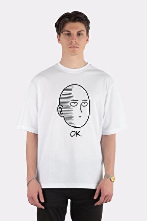Unisex Beyaz Oversize T-shirt One Punch Man Ok Face