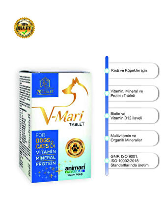 V Mari 70 Tablet Kedi ve Köpekler için Vitamin, Mineral ve Pretein