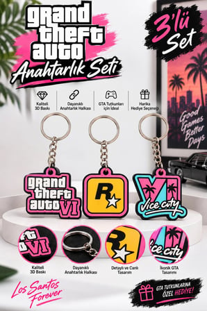 Gta 6 VI 3'lü Anahtarlık Seti - GTA VI, Rockstar ve Vice City Tasarımlı 3D Baskı Anahtarlık Çanta Süsü Charm