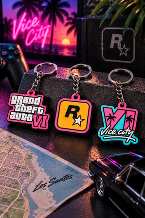 Gta 6 VI 3'lü Anahtarlık Seti - GTA VI, Rockstar ve Vice City Tasarımlı 3D Baskı Anahtarlık Çanta Süsü Charm
