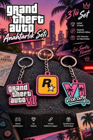 Gta 6 VI 3'lü Anahtarlık Seti - GTA VI, Rockstar ve Vice City Tasarımlı 3D Baskı Anahtarlık Çanta Süsü Charm