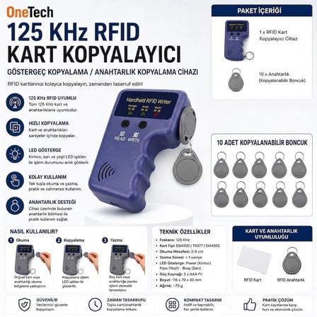 OneTech 125 Khz Rfıd Kart Kopyalayıcı | Göstergeç Kopyalama | Anahtarlık Kopyalama Cihazı + 10 adet kopyalanabilir boncuk