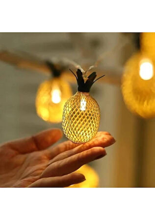 Bak Gel Al Metal Ananas Figürlü 10’lu LED Işık Zinciri | Sıcak Sarı Işık Dekoratif Ev, Parti, Yılbaşı ve Oda Süsleme Aydınlatması