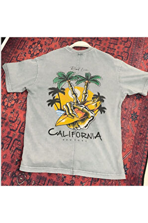 California Yıkamalı Oversize T-Shirt