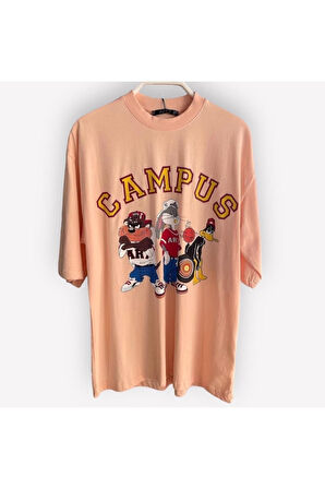 Kampüs Cartoon Tek Taraf Baskılı Oversize Pamuklu T-shirt