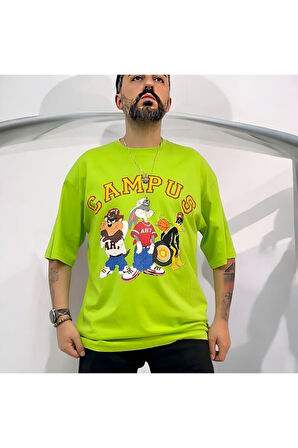 Kampüs Cartoon Tek Taraf Baskılı Oversize Pamuklu T-shirt