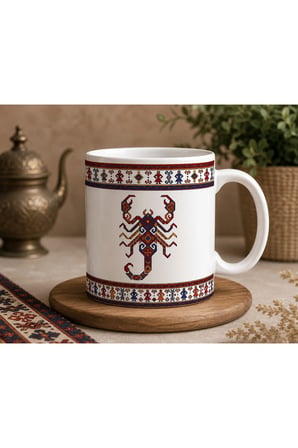 Anadolu Türk Motifleri Serisi | Akrep Motifi | Çift Taraflı Baskılı Seramik Kupa | 300 ml Premium Kahve Kupası