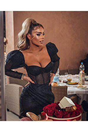 Simli Tül Kumaş Içi Astarlı Gögüs Gloplu Fermuarlı Siyah Mini Elbise