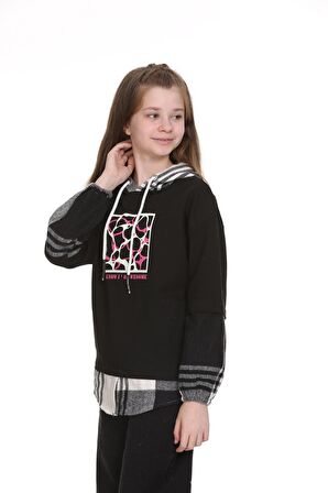 Kız Çocuk Kapüşonlu Ekose Garnili Hoodie 9-14 Yaş Lx157