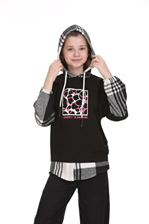 Kız Çocuk Kapüşonlu Ekose Garnili Hoodie 9-14 Yaş Lx157