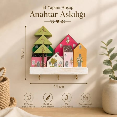 El Yapımı Renkli Evler Temalı Ahşap Anahtar & Havlu Askılığı