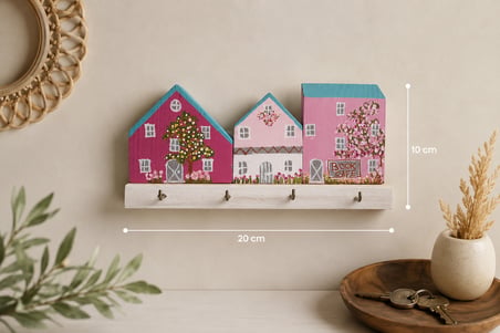 El Boyaması Ahşap Evler Anahtarlık – 4 Kancalı Dekoratif Anahtarlık