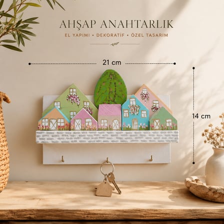 El Yapımı Ahşap Ev Figürlü Anahtarlık | 3 Askılı Dekoratif Duvar Anahtarlığı