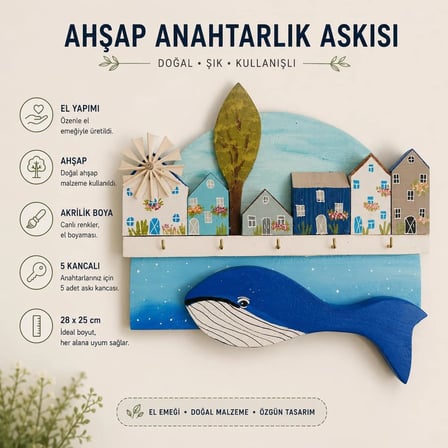 El Yapımı Ahşap Anahtarlık Askısı – Balina ve Deniz Temalı Dekoratif Anahtar Askılığı | 5 Kancalı | 28x25 cm