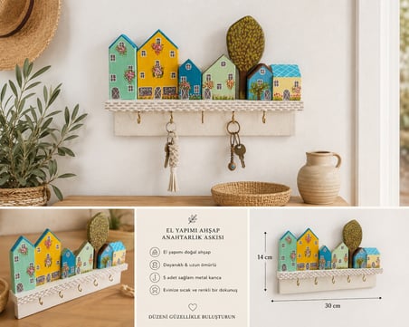 El Yapımı Renkli Evler Anahtarlık Askısı – 14x30 cm