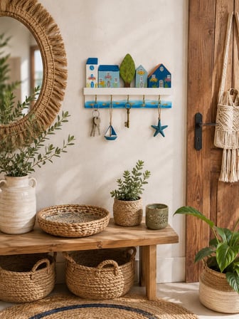 El Boyaması Ahşap Anahtarlık Askılığı 22x14 cm | 5 Kancalı Dekoratif Duvar Askısı | Ev Temalı